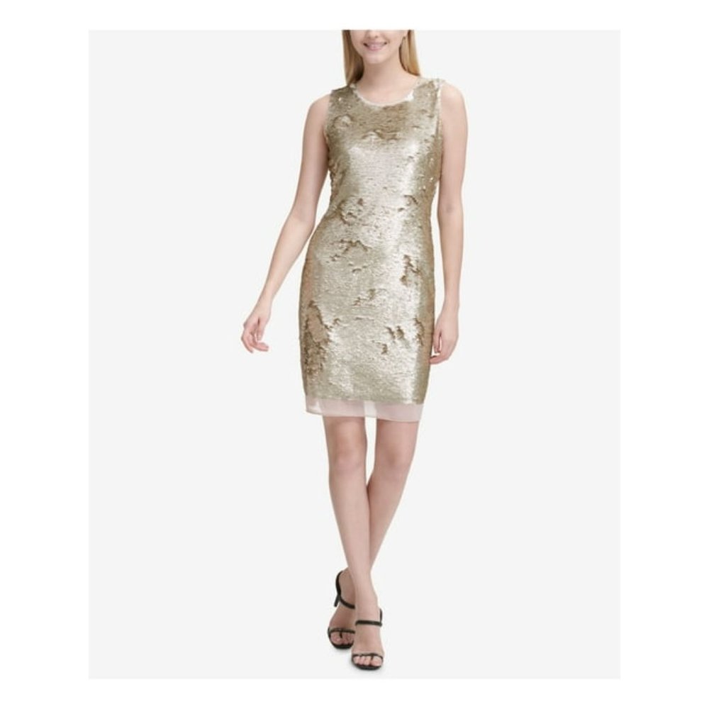 NWT Womens Size 8 Calvin Klein Gold Full Sequin Sheath Mini Dress - Picture 5 of 6